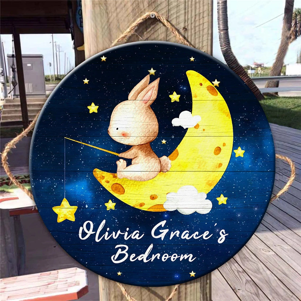 Personalisierbares Holz Schild Hase auf dem Mond